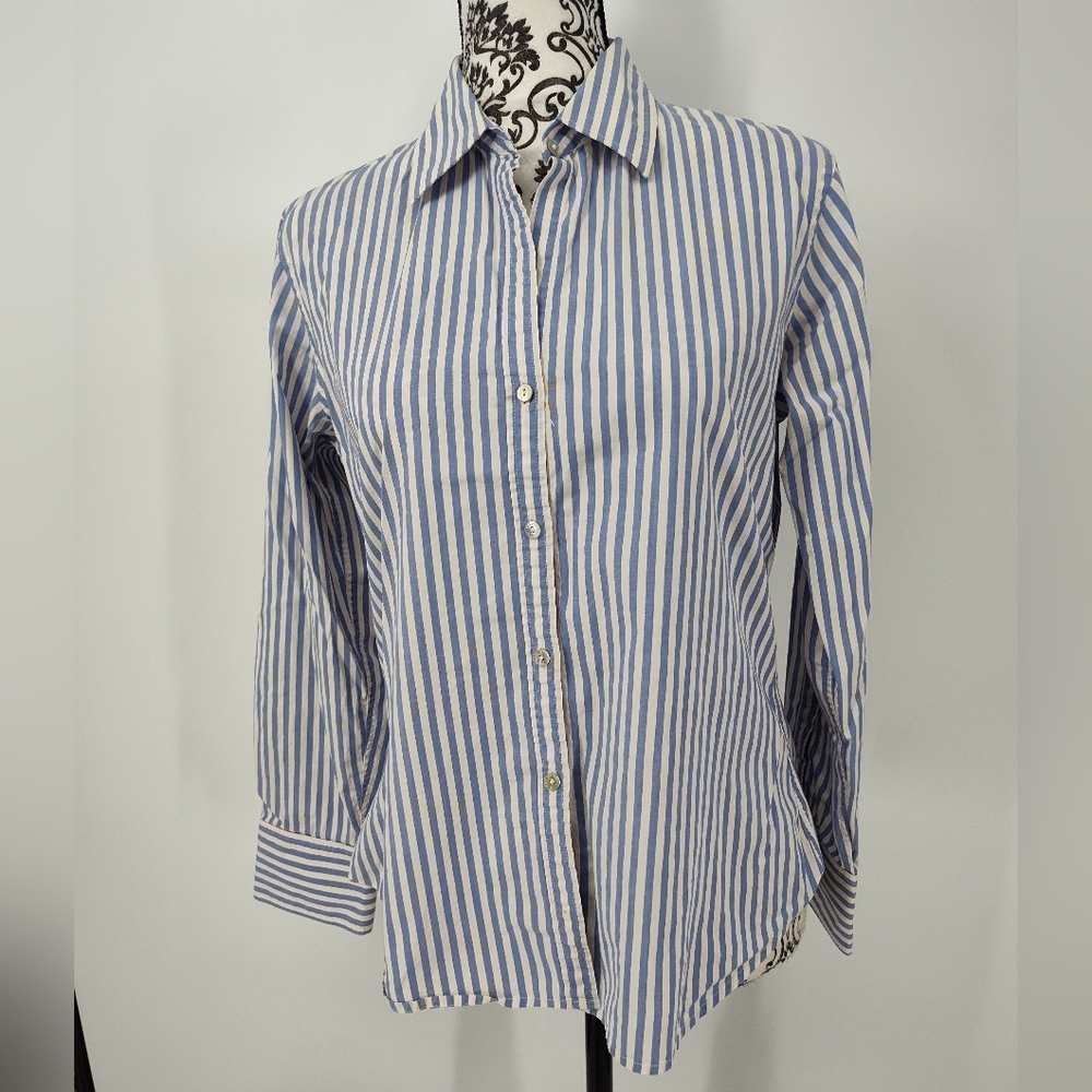 Chico's Platinum Blue and White Striped Button Down Shirt Womens Size 1